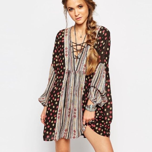 Free People Rain or Shine Boho Long Sleeve Dress in Black Size M - Picture 2 of 16